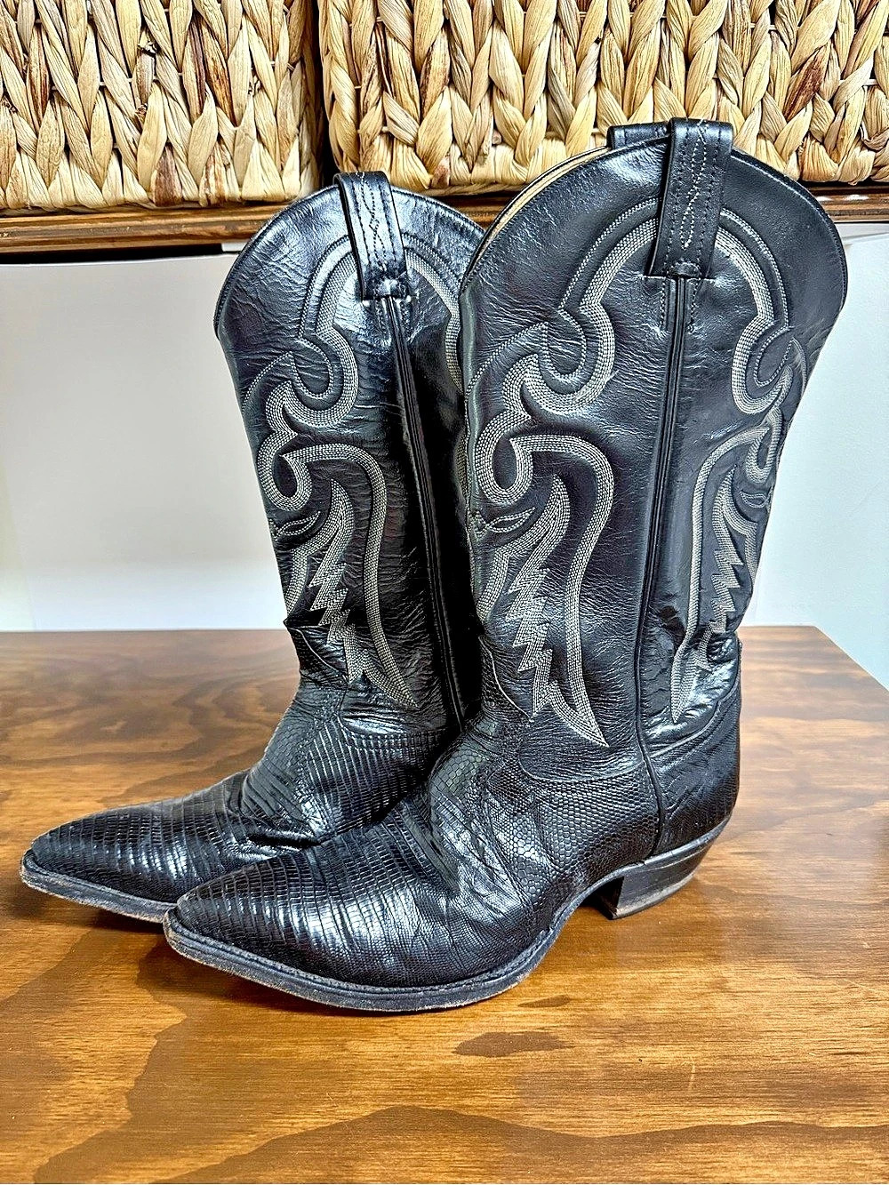 Vintage 80s Tony Lama Teju Lizard Western Boots 8.5 Black USA Made